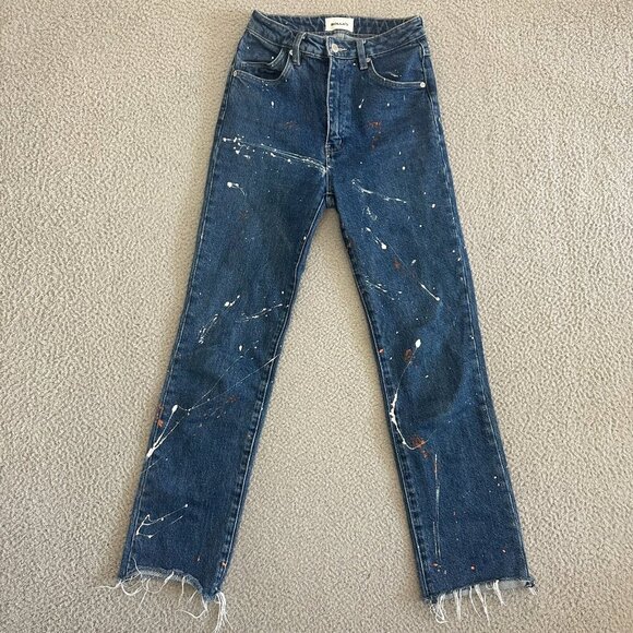 ROLLAS Original High Rise Straight Jean Paint Splash Raw Hem - Picture 1 of 16